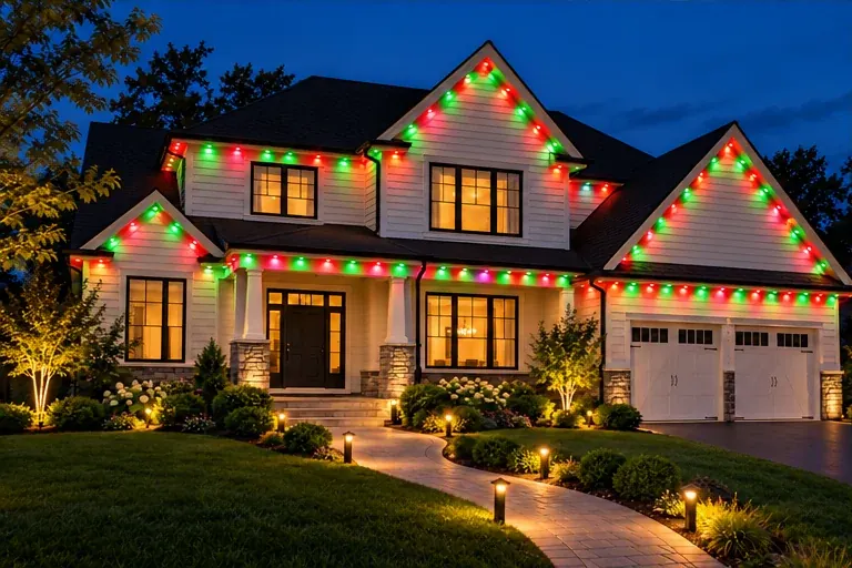 Illustrated home with festive red and green permanent roofline lighting