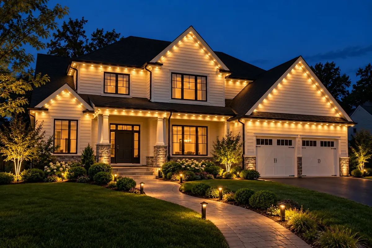 Permanent LED roofline lights and warm pathway lighting on a house at dusk