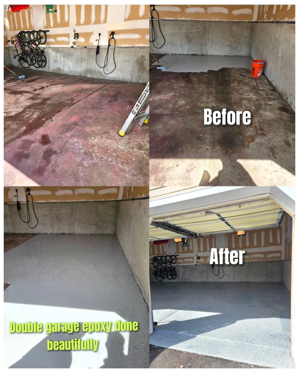 Garage floor epoxy transformation, actual before and after photos